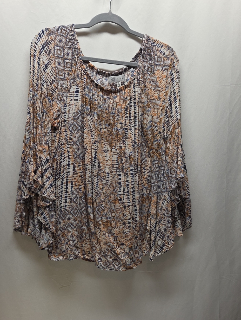 Fever Multi-Print Flutter Sleeve Tunic - Beige & Navy Boho Coastal Granola